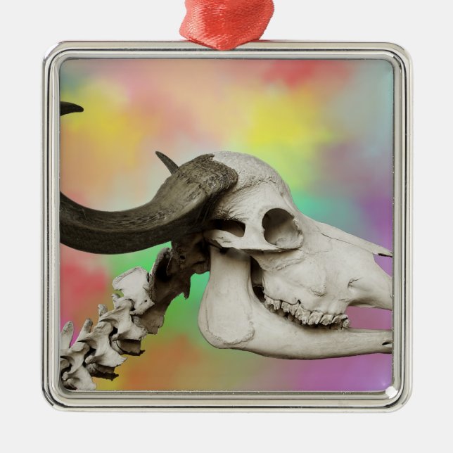 Buffalo Skull auf einem Aquarellbild Silbernes Ornament (Vorne)