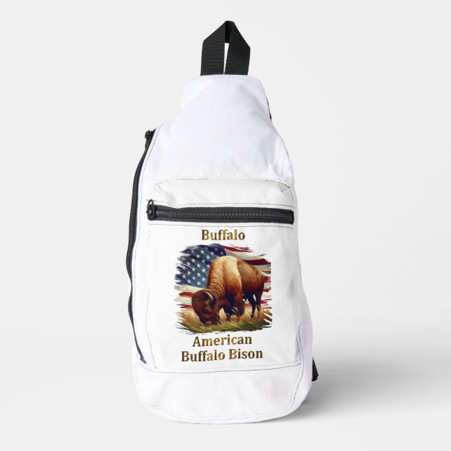 Buffalo Stehend vor amerikanischer Flagge Crossbody Bag (Vorderseite)
