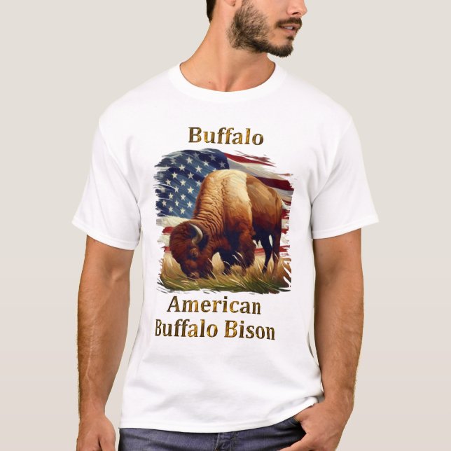 Buffalo Stehend vor amerikanischer Flagge T-Shirt (Vorderseite)