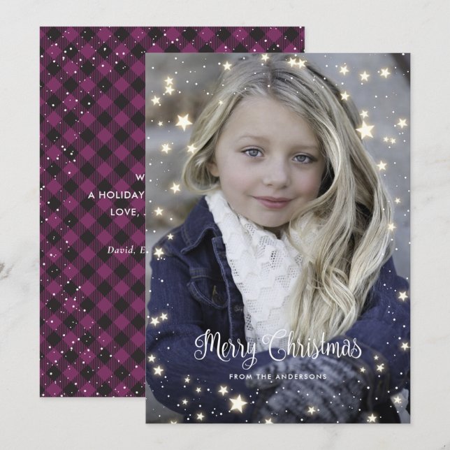 Buffalo violet Plaid Stars Photo Cartes de Noël (Devant / Derrière)