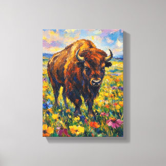 Büffel auf Wildblumenfeld Abstrakte Kunstmalerei Leinwanddruck
