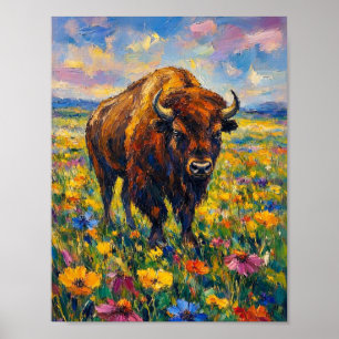 Büffel auf Wildblumenfeld Abstrakte Kunstmalerei Poster