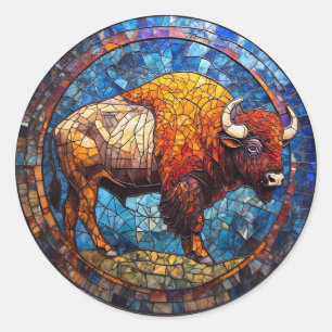 Büffel-Buntglas-Kunstwerk Geschenk für Naturliebha Runder Aufkleber