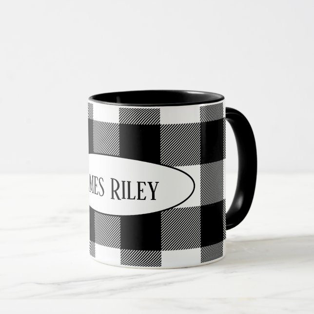 Büffel in Schwarz/Weiß, kariert mit Namen Tasse (VorderseiteRechts)