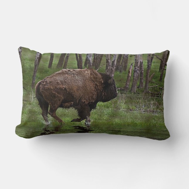 Büffel und Wald, Bison-Liebhaber Design Lendenkissen (Vorderseite)