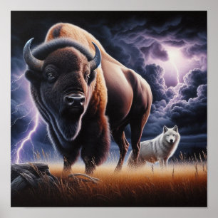 Büffel und Wolf in einem Gewitter mit Blitz Poster