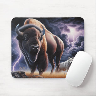 Büffel und Wolf in einem Gewitter mit Blitzschlag Mousepad