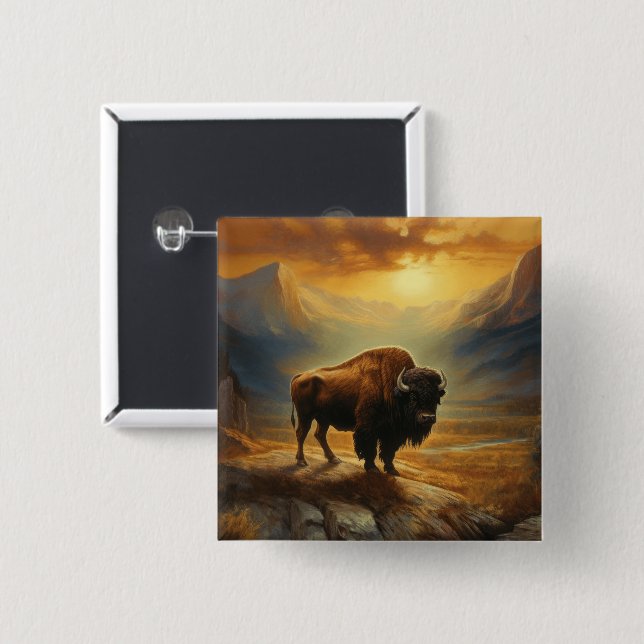 Büffelbison-Sonnenuntergangs-Silhouette  Button (Vorne & Hinten)