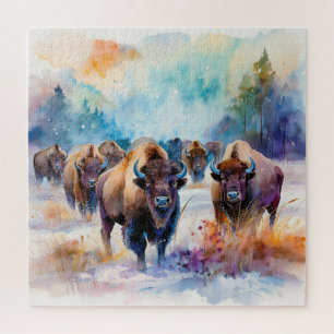 Büffelherde im Schnee in Aquarell