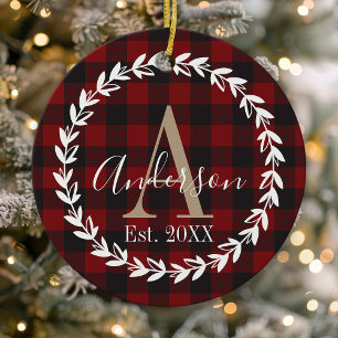 Büffelkariert-Monogramm-Kranz Familien-Weihnachten Keramik Ornament