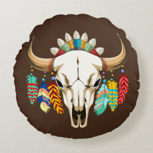 Büffelschädel-Emblem der amerikanischen Ureinwohne Rundes Kissen