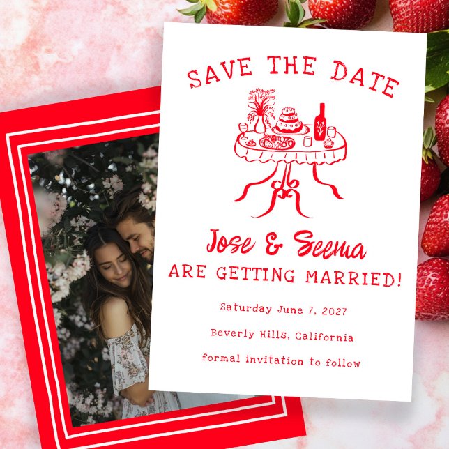 Buffet Abendessen Tischhand Niedliches Foto Save The Date (Buffet Dinner Table Hand Drawn Cute Custom Photo Save The Date Wedding Invitation Engagement
)