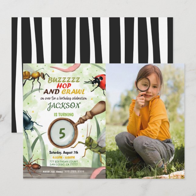 Bug Birthday Kids Foto Einladung (Vorne/Hinten)