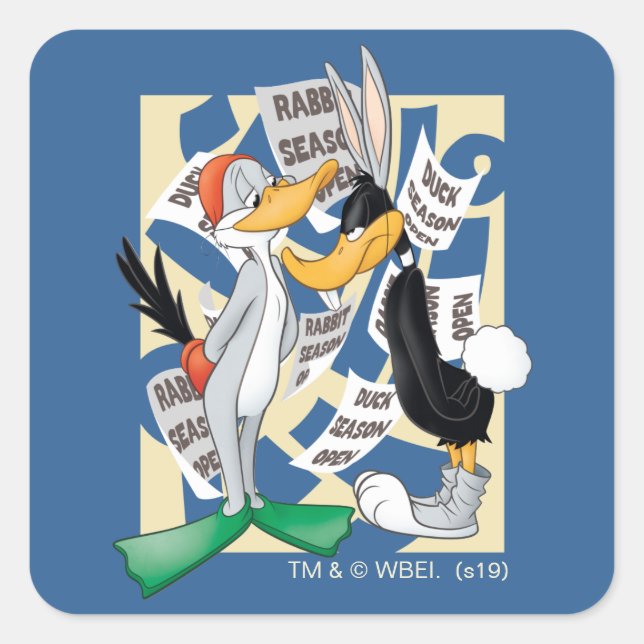 BUGS BUNNY™ & DAFFY DUCK™ Bereit für die Jagdsaiso Quadratischer Aufkleber (Vorderseite)