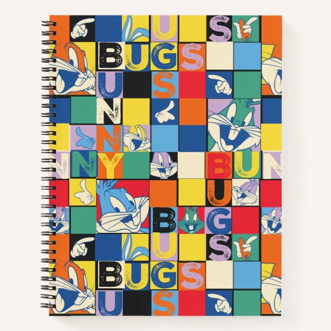 BUGS BUNNY™ Schachbrett mit farbenfrohen Namen und Notizbuch (Vorderseite)