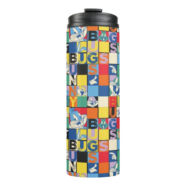 BUGS BUNNY™ Schachbrett mit farbenfrohen Namen und Thermosbecher (Vorderseite)
