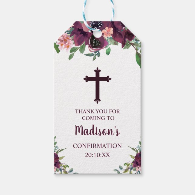 Bugundy Cross Floral Watercolor Bestätigung Geschenkanhänger (Vorderseite)