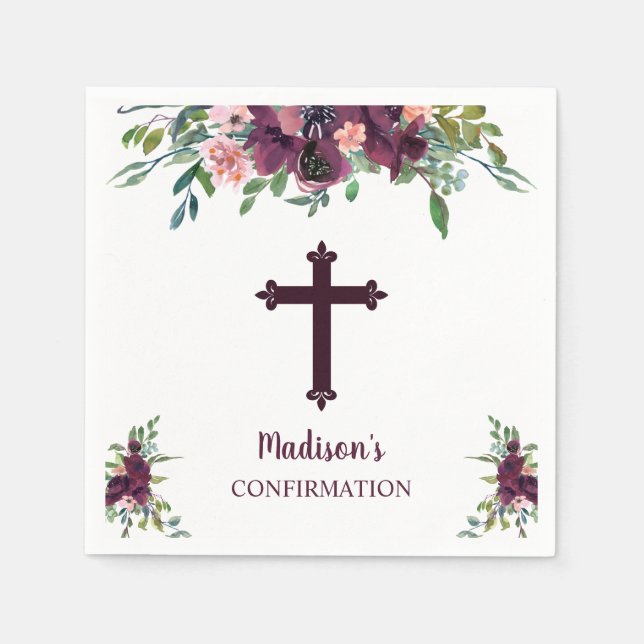 Bugundy Cross Floral Watercolor Bestätigung Serviette (Vorderseite)