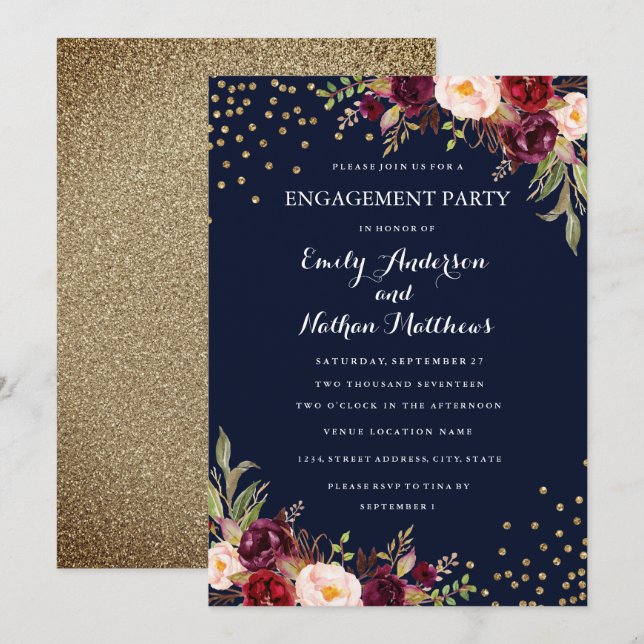 Bugundy Navy Confetti Floral Engagement Party Einladung (Vorne/Hinten)