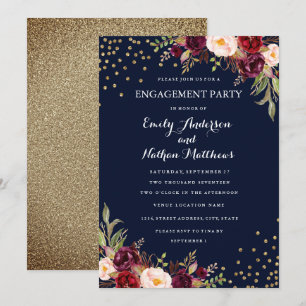 Bugundy Navy Confetti Floral Engagement Party Einladung