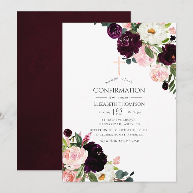 Bugundy Plum und Blush Pink Floral Bestätigung Einladung (Vorne/Hinten)