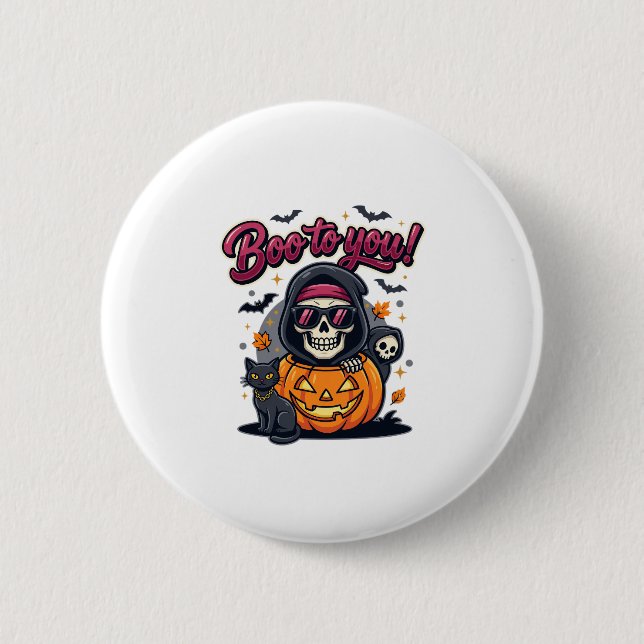 Buh für dich Halloween-Skelett-Kürbis Button (Vorderseite)