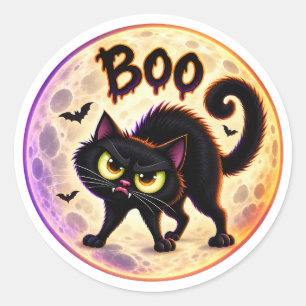 Buh! Grumpy Schwarze Katze und Vollmond Halloween Runder Aufkleber