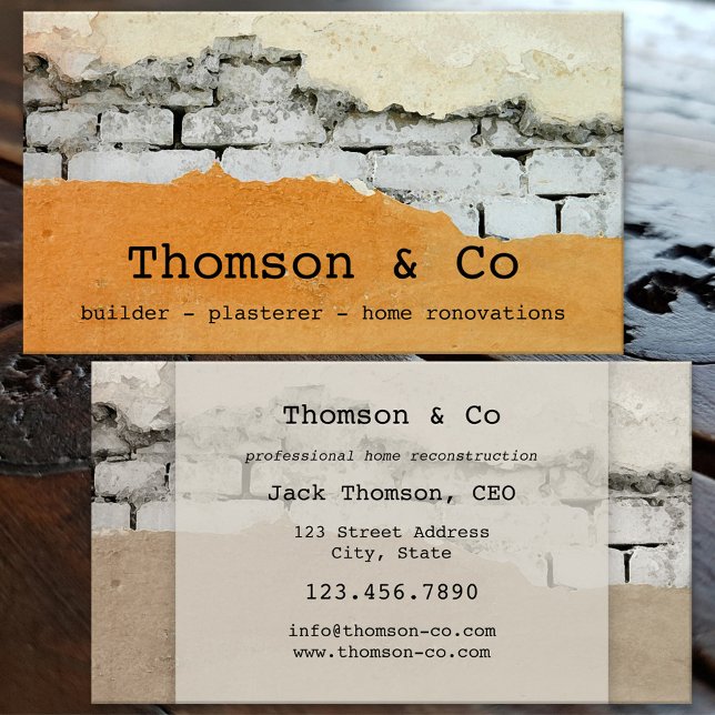 Builder Plasterer Zuhause Renovation Business Card Visitenkarte (Business card featuring a wall under construction. Great for a builder, plasterer, home renovation)