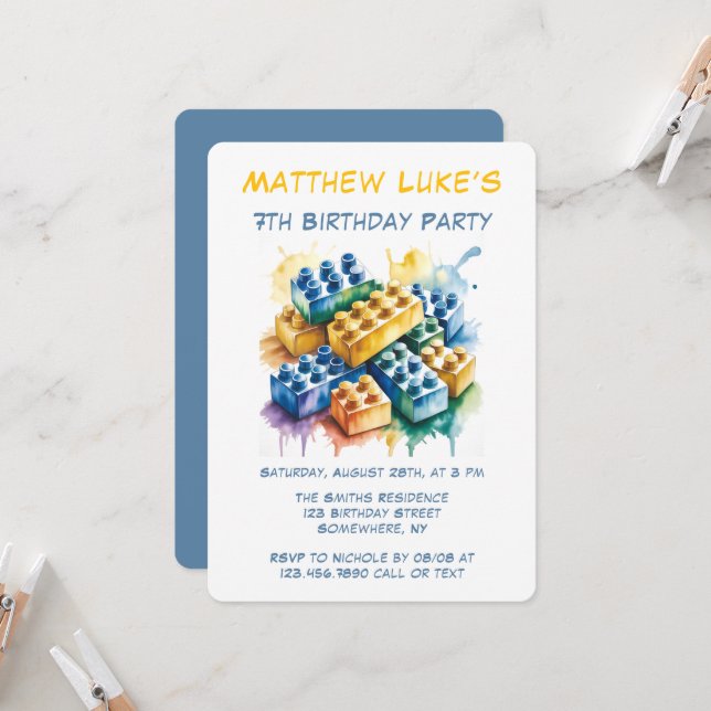 Building Block Splash Boy Birthday Party Einladung (Vorderseite/Rückseite Beispiel)