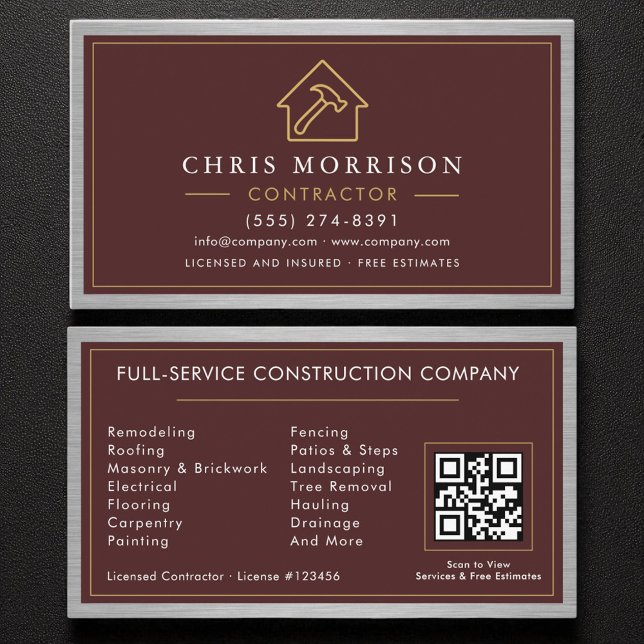 Building Construction Burgundy Faux Metal QR Code Visitenkarte (Von Creator hochgeladen)