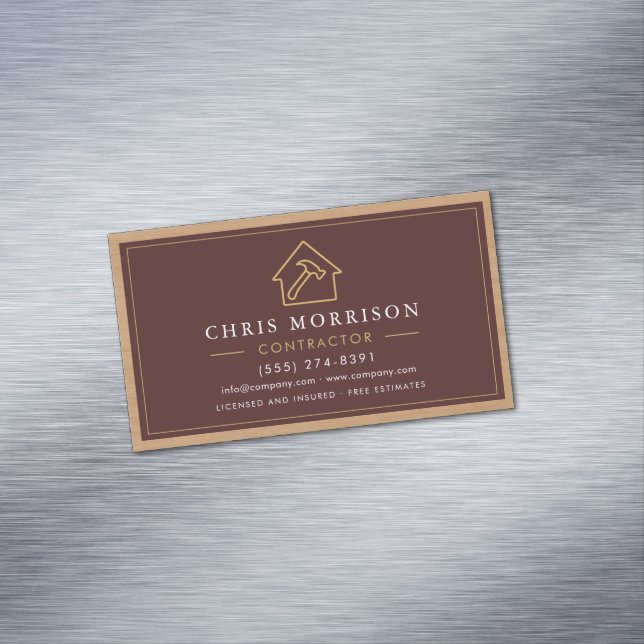 Building Construction Burgundy Gold Wood QR Code Magnetische Visitenkarte (Beispiel)