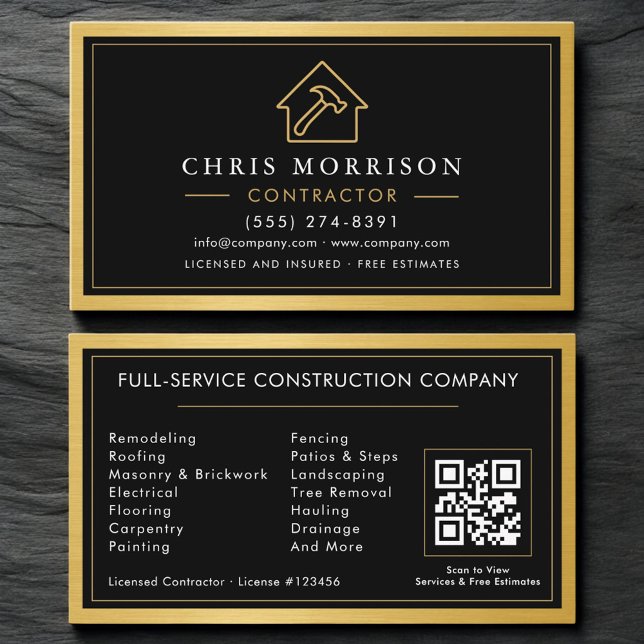 Building Contractor Black Gold Metal QR Code Visitenkarte (Von Creator hochgeladen)