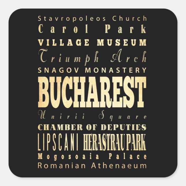 Bukarest Stadt Rumänien Typografie Kunst Quadratischer Aufkleber (Vorderseite)