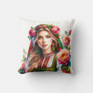 Bulgarische Wasserfarben-Rose & Folk Woman Ethnic Kissen