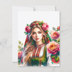 Bulgarische Wasserfarben-Rose & Folk Woman Ethnic Postkarte