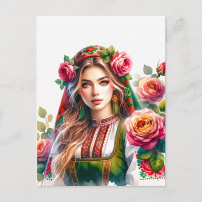 Bulgarische Wasserfarben-Rose & Folk Woman Ethnic Postkarte (Vorderseite)