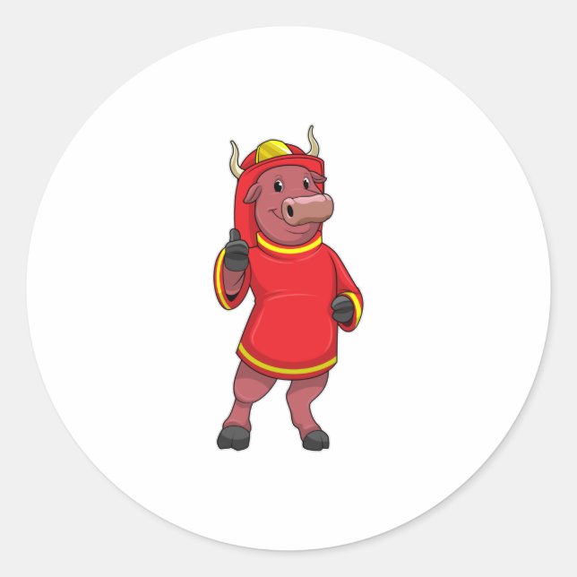 Bull als Feuerwehrmann mit Helm Runder Aufkleber (Vorderseite)