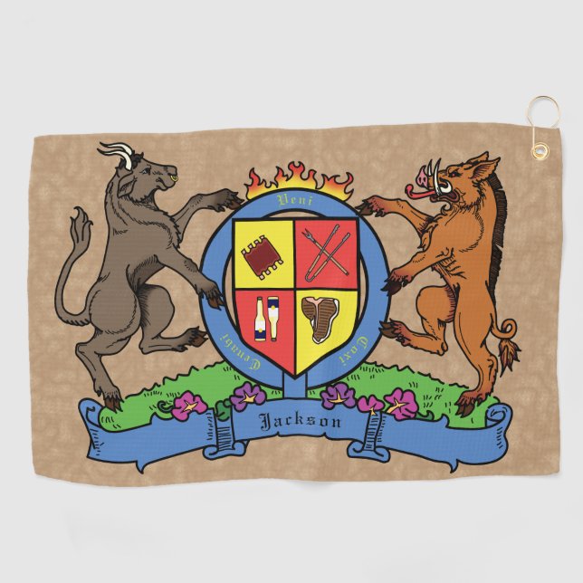 Bull and Boar Rampant GRILLEN Coat of Arms Golfhandtuch (Horizontal)