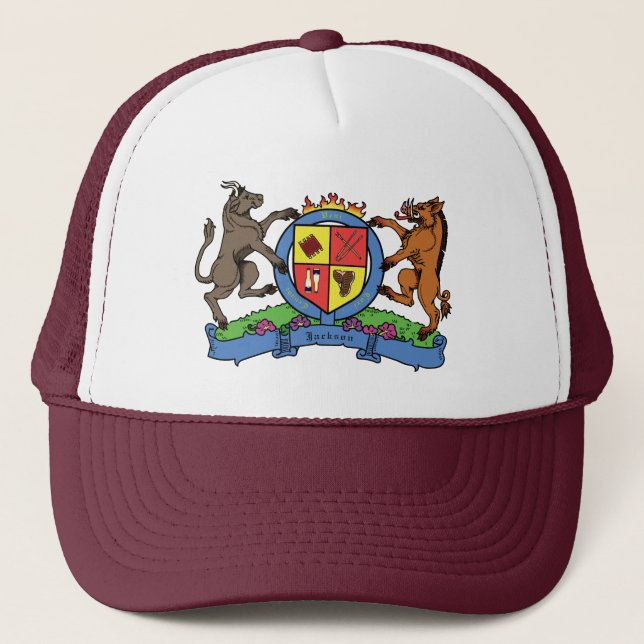 Bull and Boar Rampant GRILLEN Coat of Arms Truckerkappe (Vorderseite)