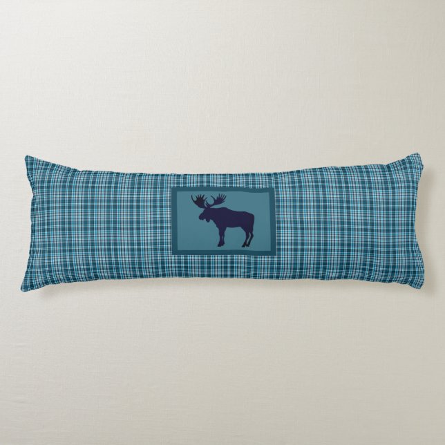 Bull Moose Stehend Lay Blue Tartan Kariert Seitenschläferkissen (Vorderseite)