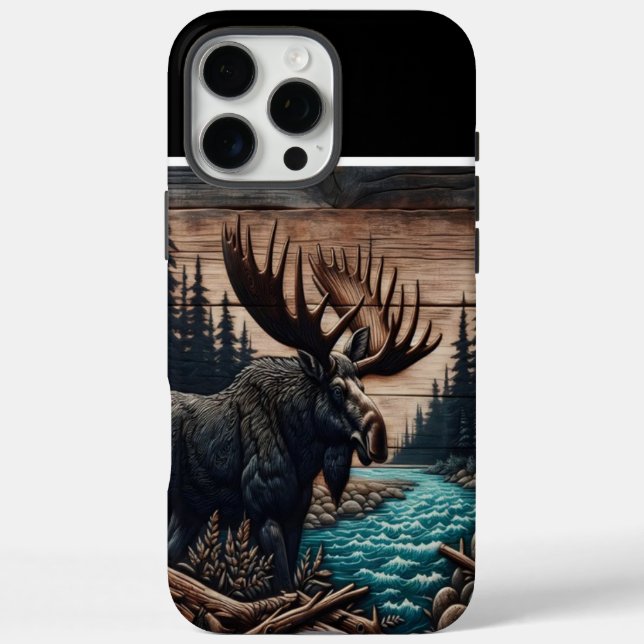 Bull Moose Wood Carving iPhone 16 Pro Max Hülle (Rückseite)