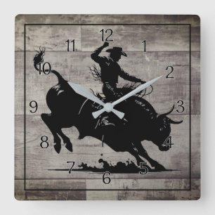 Bull Rider Rodeo Rustikal Quadratische Wanduhr