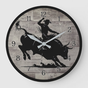 Bull Rider Rodeo Rustikal Rund Große Wanduhr