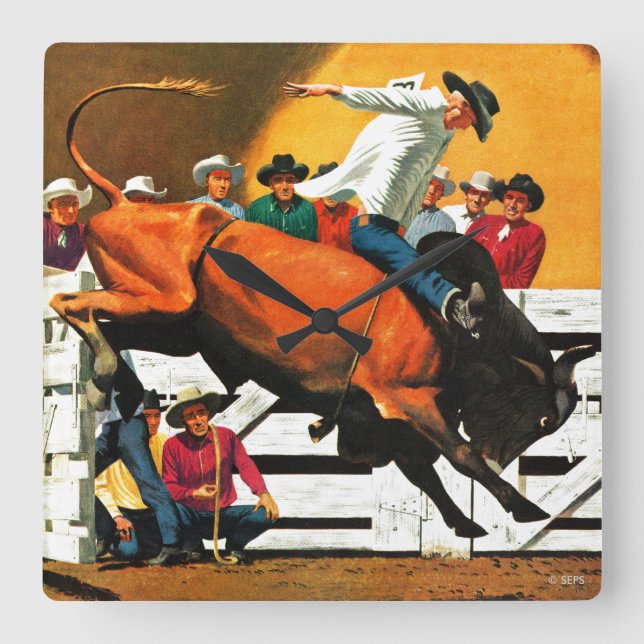 Bull Riding von Fred Ludekens Quadratische Wanduhr (Vorderseite)