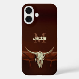 Bull Skull Brown Monogram Rustic Western Country iPhone 16 Hülle