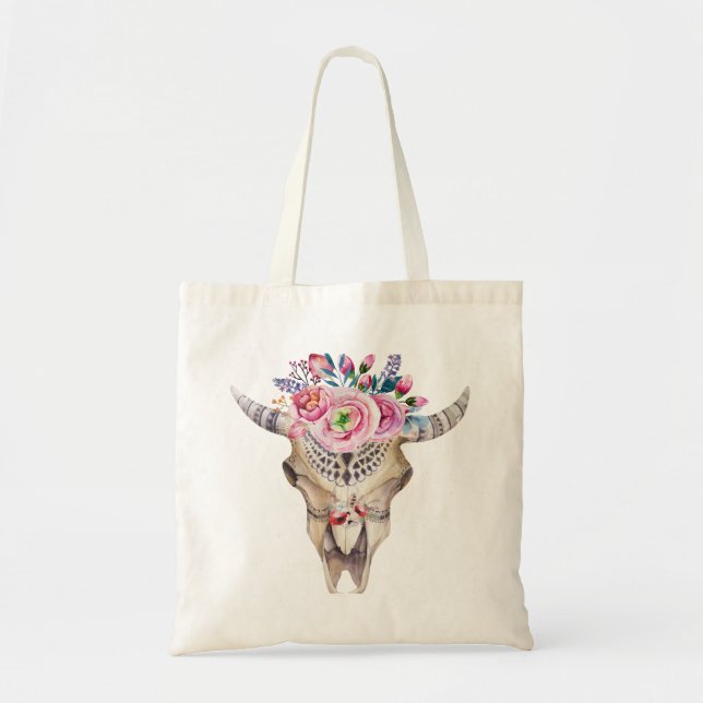 Bull Skull & Flowers Watercolor Illustration Tragetasche (Vorne)