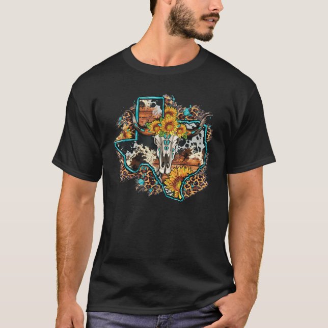 Bull Skull Leopard Cowhide Sonnenblume Texas Karte T-Shirt (Vorderseite)