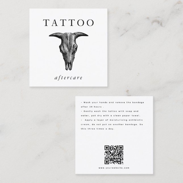 Bull Skull Tattoo Aftercare Instructions QR Code Quadratische Visitenkarte (Vorne/Hinten)