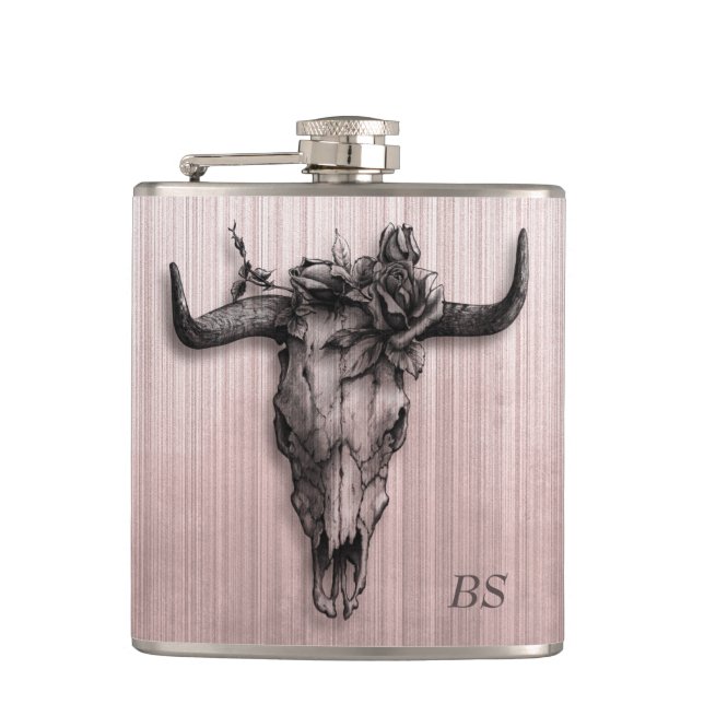 Bull Skull und Rose Streifen Rose Gold Monogramm Flachmann (Vorderseite)