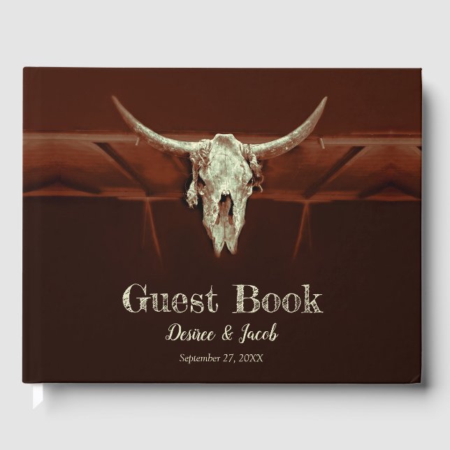 Bull Skull Wedding Western Braun Rustikales Land Gästebuch (Vorderseite)